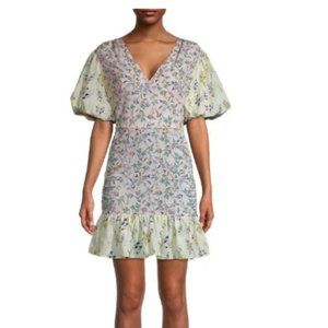 Womens Lea & Viola Floral Pink Mini Dress A-line Short Sleeve V-neck White Frock